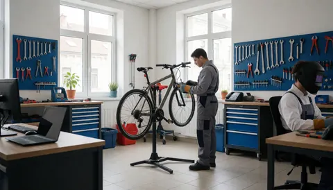 Un mécanicien en uniforme ajuste un vélo sur un support dans un atelier lumineux et rangé, avec des outils accrochés au mur.