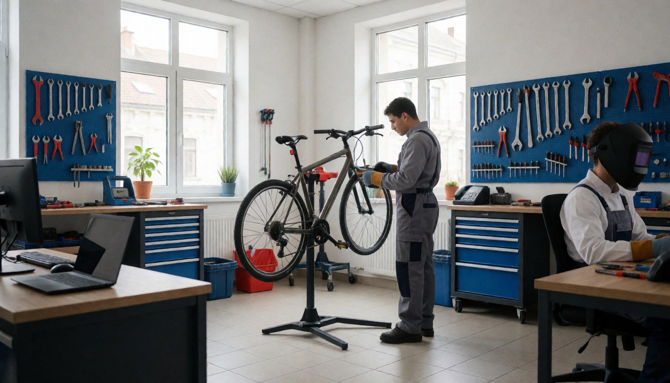 Un mécanicien en uniforme ajuste un vélo sur un support dans un atelier lumineux et rangé, avec des outils accrochés au mur.
