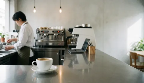 Tasse de café latte posée sur un comptoir en acier inoxydable avec une personne travaillant près d'une machine à espresso et de murs en béton en arrière-plan