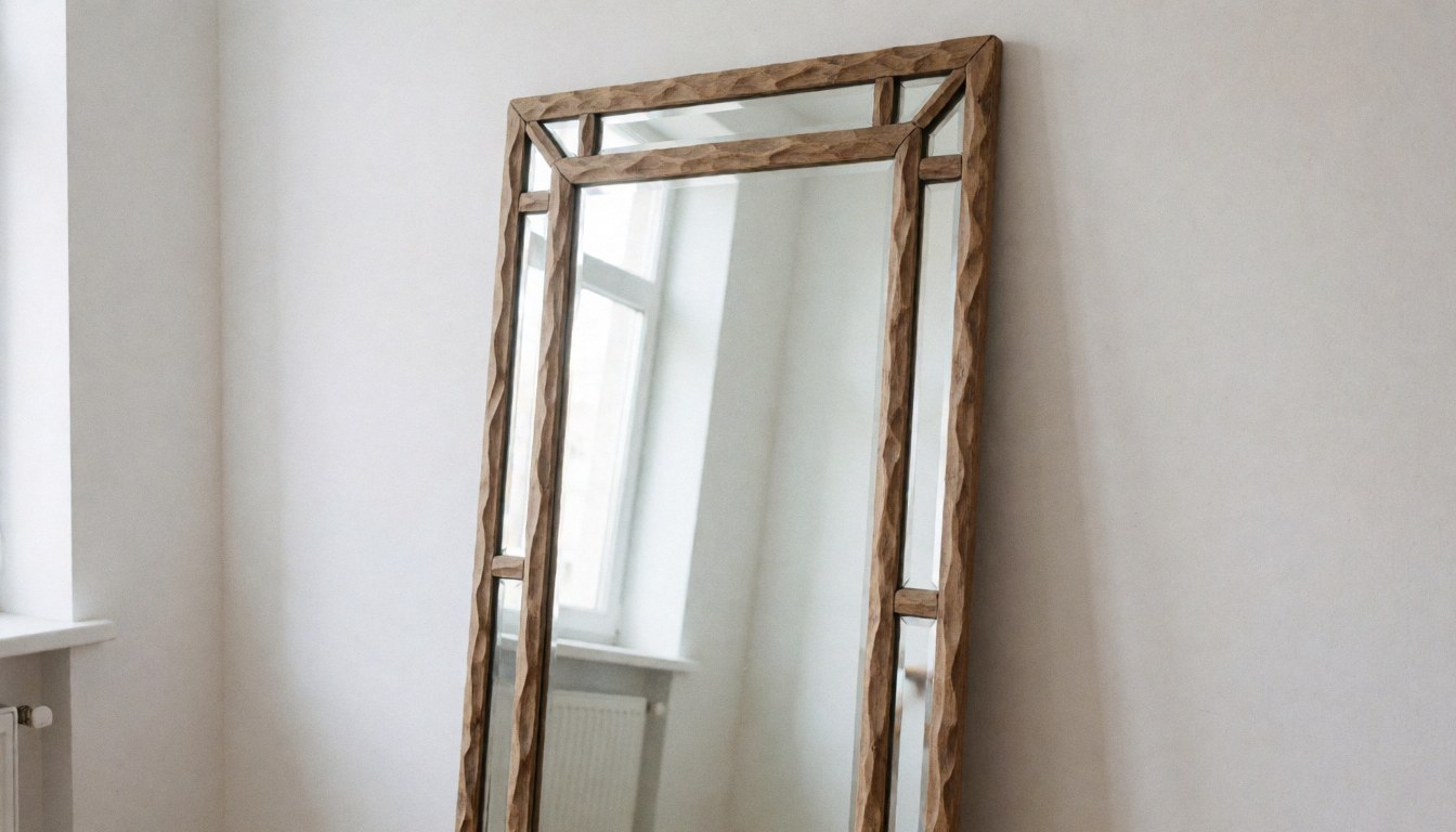 Miroir artisanal avec un cadre en bois sculpté, reflétant la lumière naturelle et un mur blanc dans un atelier de verrerie.