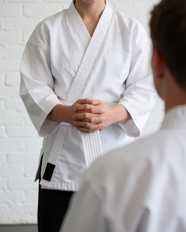 Un instructeur de karate remet une ceinture blanche à un étudiant dans un dojo avec un mur en briques blanches, les mains jointes en signe de respect.