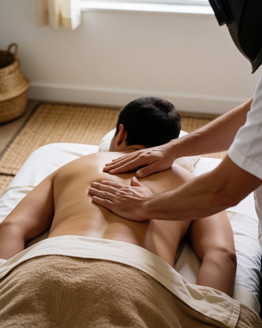 Un thérapeute effectue un massage sur le dos d'un client allongé sur le ventre sur une table de massage, dans un environnement lumineux avec un mur blanc en arrière-plan.