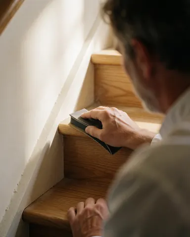 Un professionnel utilise un bloc de papier abrasif pour polir le bord d'une marche en bois dans un intérieur baigné de lumière naturelle.