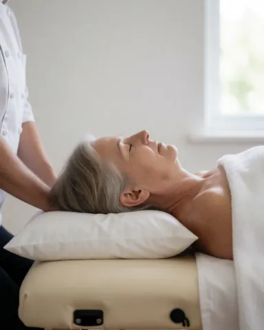 Une cliente âgée reçoit un massage cervical dans une clinique, avec un thérapeute, une oreiller blanc, une lumière naturelle et des murs blancs.