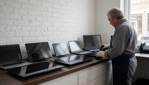 Technicien en réparation électronique inspectant des écrans d'ordinateur portable sur un comptoir en bois devant un mur de briques blanches.