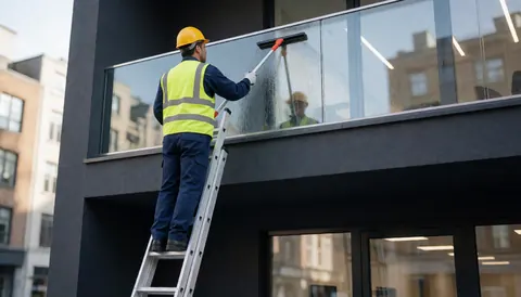 Un ouvrier en casque et gilet de sécurité nettoie une grande fenêtre avec une raclette sur un immeuble moderne.