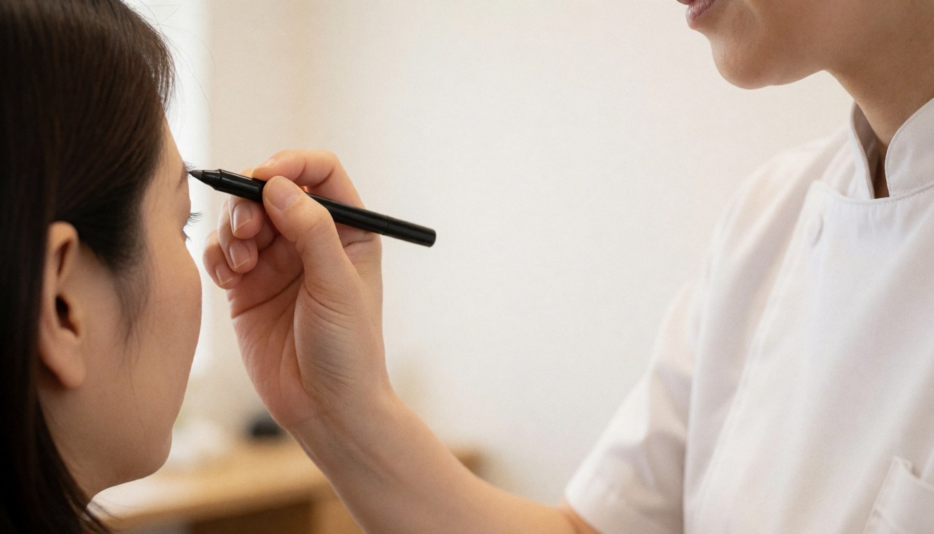 Une esthéticienne en uniforme blanc applique un crayon noir sur le sourcil d'une cliente sur fond blanc, dans un cadre professionnel de beauté.