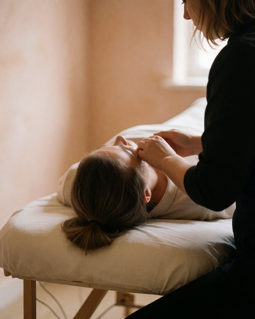 Thérapeute appliquant un soin du visage sur un client en traitement dans un salon de beauté avec lumière naturelle et murs terracotta