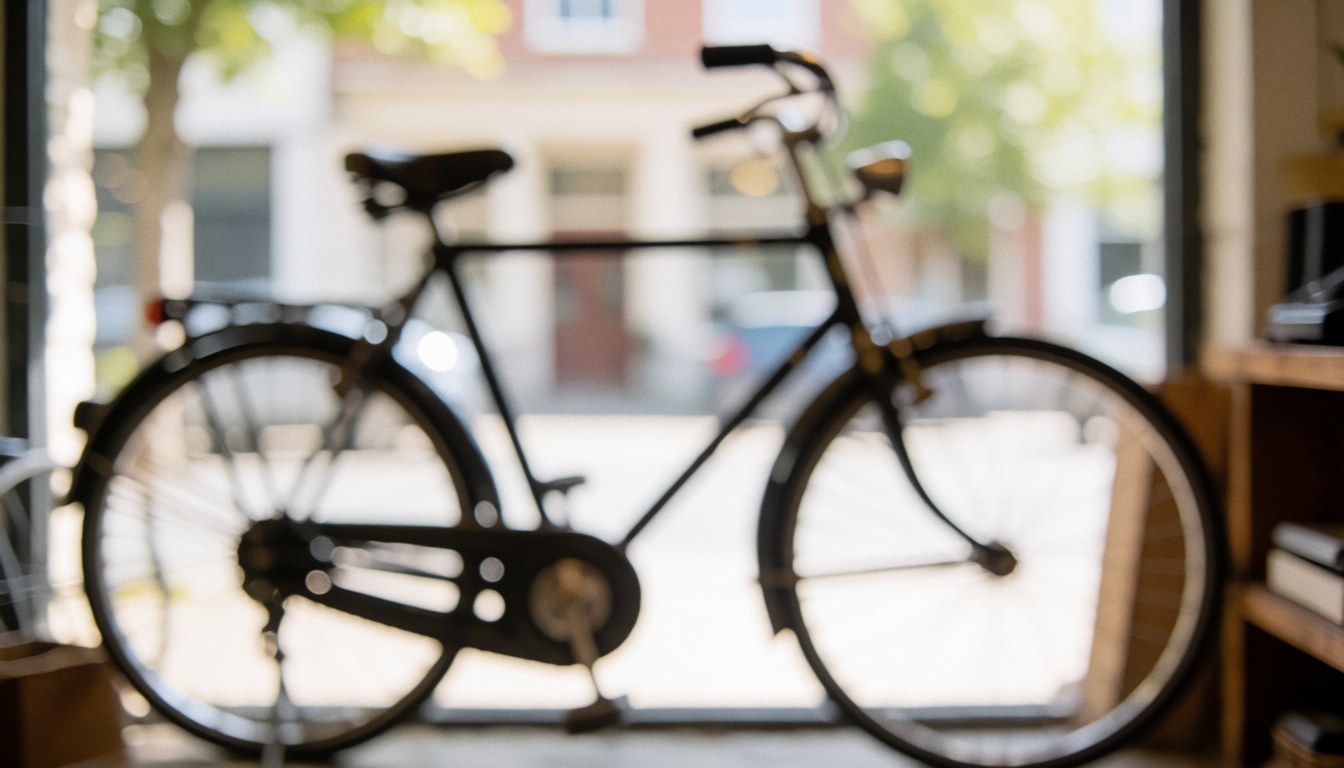 Vélo vintage avec effet bokeh dans une vitrine d'atelier de vélos, lumière naturelle, fond pour texte.