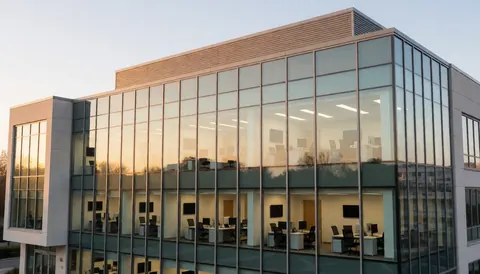 Façade moderne d'un immeuble de bureaux dont les vitres reflètent les couleurs du coucher de soleil, laissant entrevoir des bureaux et l'éclairage intérieur.