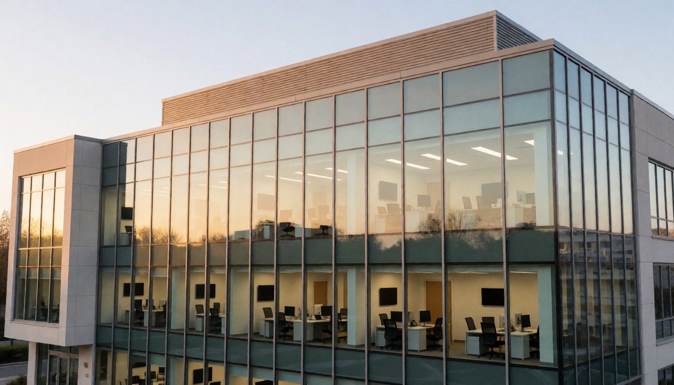 Façade moderne d'un immeuble de bureaux dont les vitres reflètent les couleurs du coucher de soleil, laissant entrevoir des bureaux et l'éclairage intérieur.