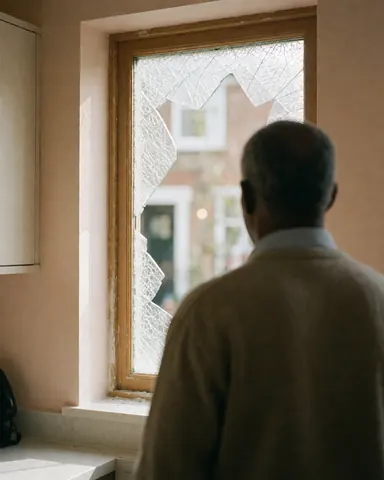 Un homme de dos observe une fenêtre en verre brisée dans sa cuisine avec un cadre en bois et des murs beige éclairés par la lumière naturelle.