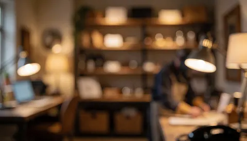 Arrière-plan flou d'atelier de bricolage avec tables, étagères et lumières chaudes, idéal pour textes