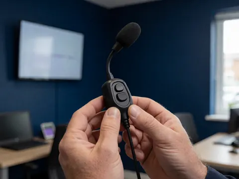 Mains tenant un micro avec bouton de communication, sur fond bleu foncé, idéal pour un contexte de circuit automobile professionnel.