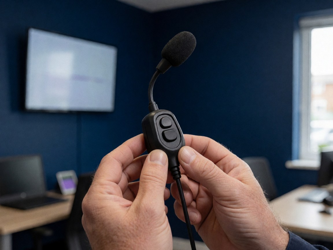 Mains tenant un micro avec bouton de communication, sur fond bleu foncé, idéal pour un contexte de circuit automobile professionnel.