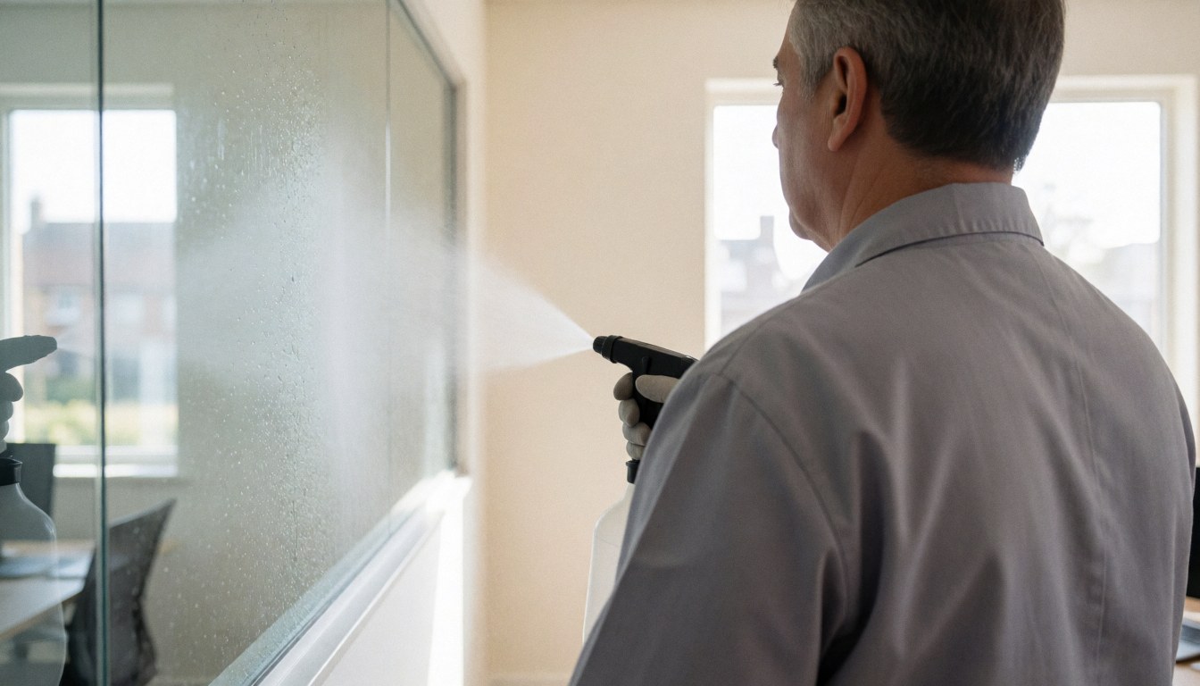 Vue arrière d'un agent de nettoyage professionnel en train de désinfecter une vitre dans un bureau avec un vaporisateur, laissant un espace libre pour le texte.