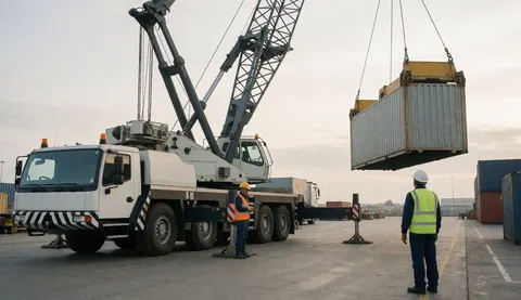 Une grue mobile soulève un conteneur dans un port industriel tandis que des travailleurs en gilets de sécurité surveillent l'opération.