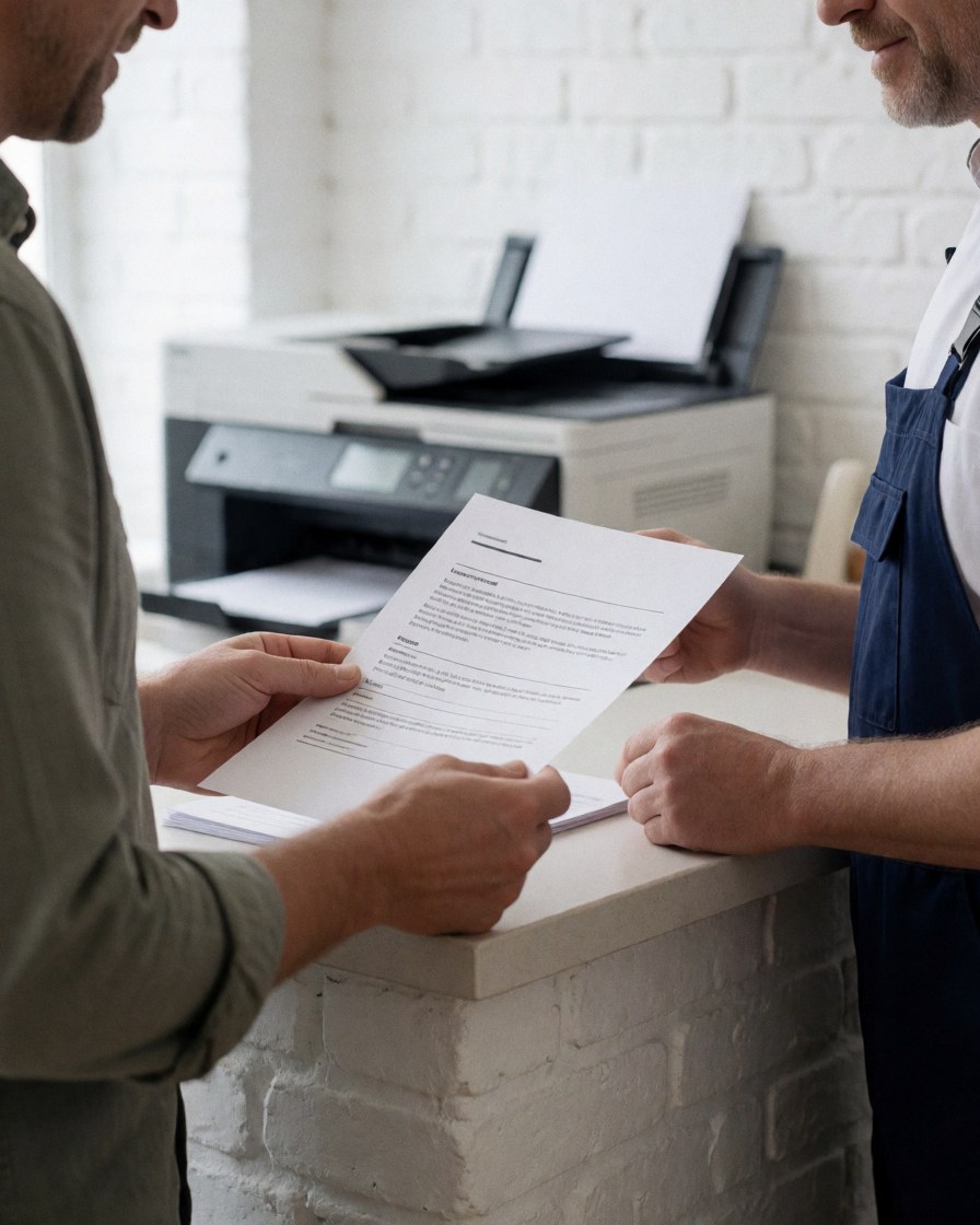 Une cliente examine un document imprimé en présence d'un professionnel dans un bureau de photocopie avec une imprimante et un mur en briques blanches.