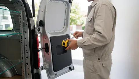 Un travailleur en uniforme mesure avec un mètre ruban dans un van équipé d'étagères pour verre, sur fond blanc et en lumière naturelle, pour la réparation de fenêtres.