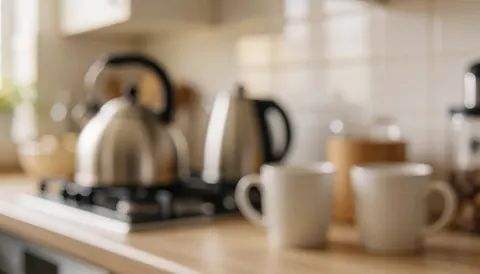 Fond de cuisine avec théière et tasses, idéal pour textes, ambiance chaleureuse et accueillante