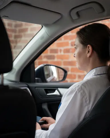 Intérieur propre et professionnel d'un véhicule, montrant les mains de la conductrice sur le volant, avec un mur de briques rouges visible à travers la fenêtre.