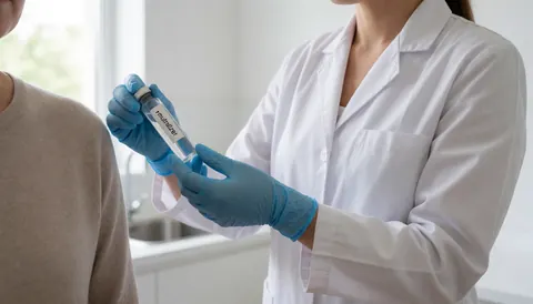 Thérapeute en gants nitrile tenant un flacon de neutralisant près d'un client dans un espace de soin esthétique professionnel et propre.