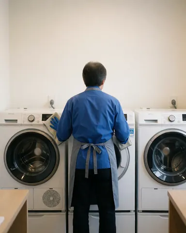 Employé portant un tablier et des gants nettoie un lave-linge moderne dans une laverie aux murs propres et à l'éclairage vif.