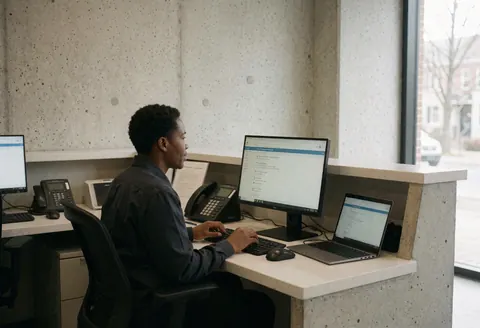 Une personne utilise un ordinateur dans un bureau moderne aux murs en béton, créant une atmosphère professionnelle et épurée.