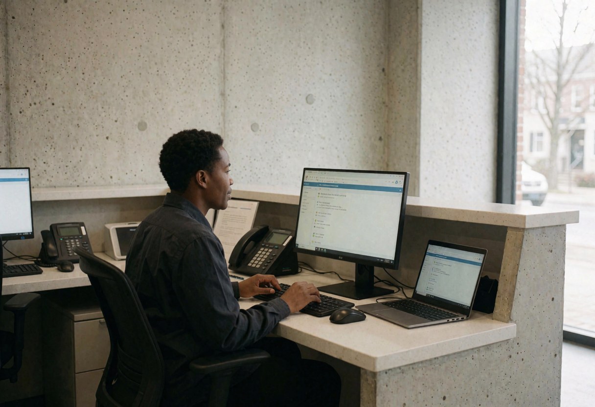 Une personne utilise un ordinateur dans un bureau moderne aux murs en béton, créant une atmosphère professionnelle et épurée.