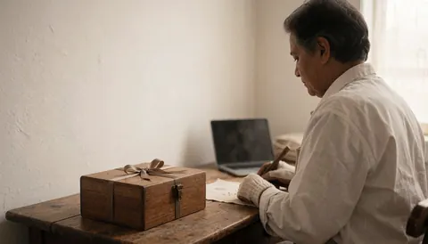 Une boîte en bois ornée d'un ruban posée sur une table rustique, une personne travaille avec du papier et un ordinateur portable dans une ambiance chaleureuse et nostalgique.