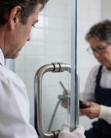 Installateur ajustant une porte en verre avec des charnières métalliques, client observant en arrière-plan dans une salle de bain carrelée de blanc.