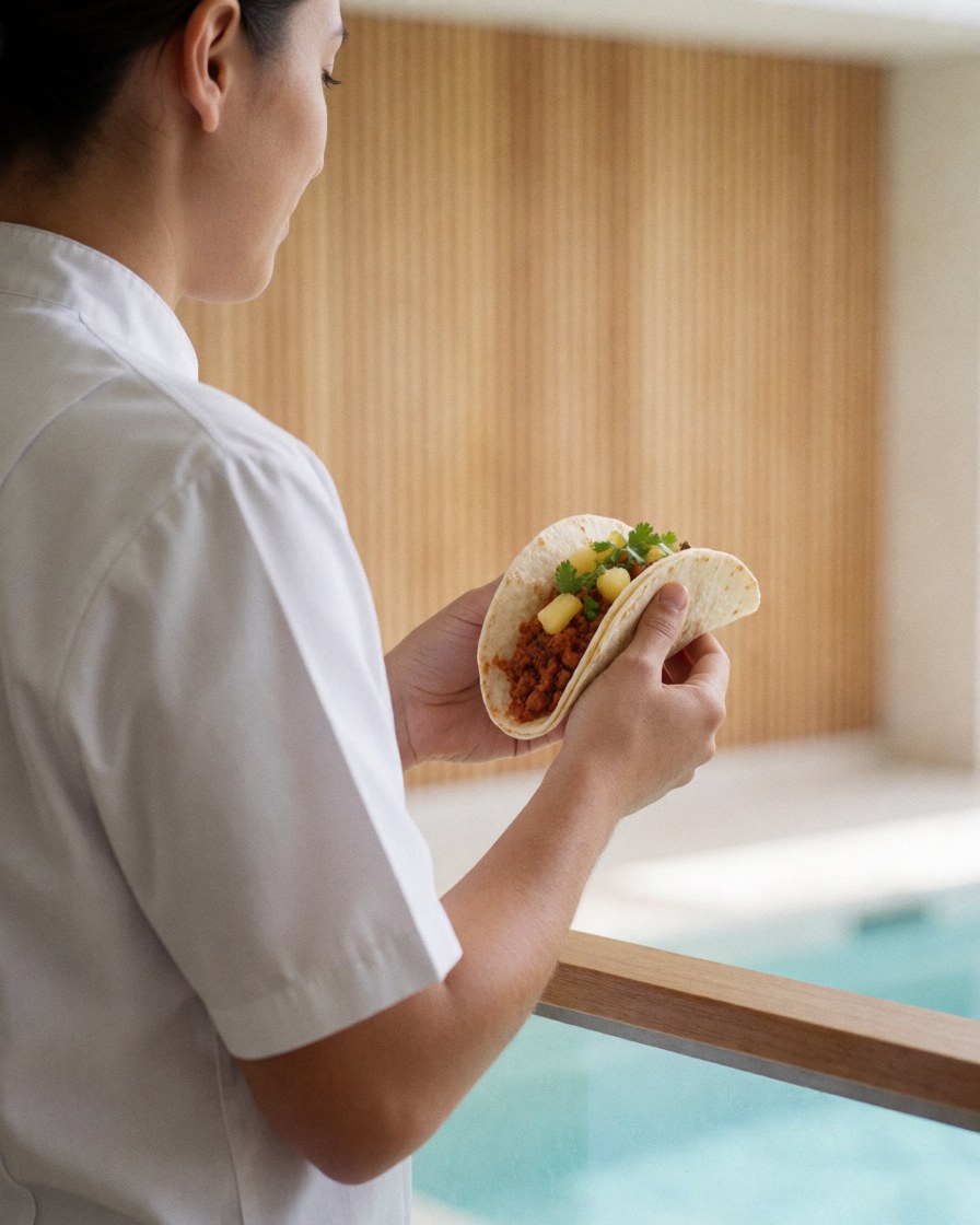 Une femme vêtue d'un uniforme blanc tient un taco al pastor garni de pineapple et de coriandre, debout près d'une piscine avec un mur à lattes clairs en arrière-plan.