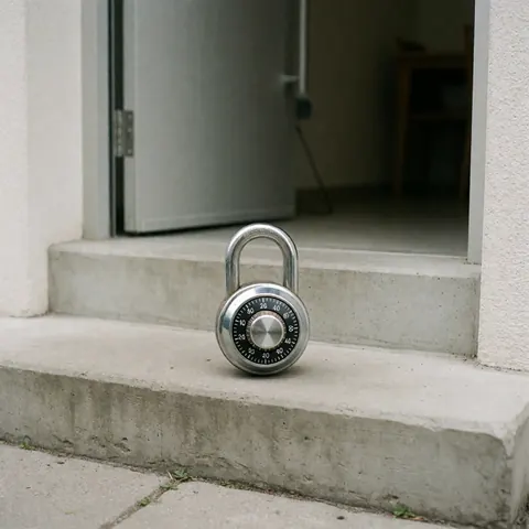 Cadenas de combinaison métallique robuste posé sur une marche en béton, adapté aux entreprises de réparation de serrures pour habitations.