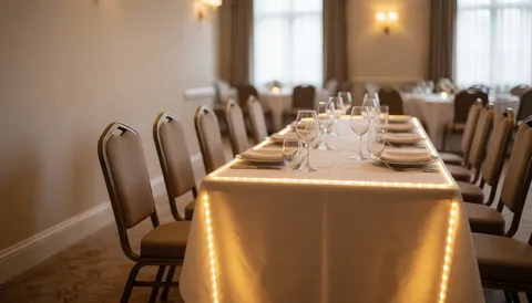 Grande table pour événements avec nappe blanche, verres à vin et lumières LED jaunes sur le bord dans un hall de banquet élégant
