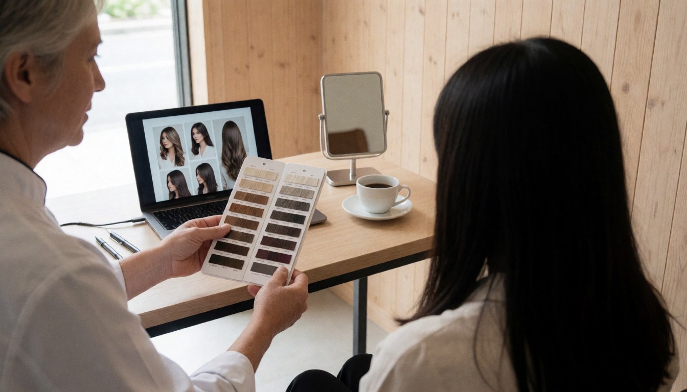 Une coiffeuse montre une palette de couleurs à une cliente assise devant un ordinateur portable dans un salon aux murs en bois clair.