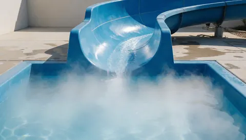Un toboggan bleu courbé avec de l'eau qui tombe dans une piscine avec de la vapeur, un sol en béton et une lumière solaire brillante dans un parc aquatique.