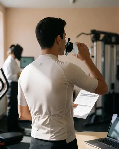 Un cycliste en maillot blanc boit de l'eau tout en consultant un plan de nutrition dans un gymnase équipé de murs beige et d'équipements d'entraînement.