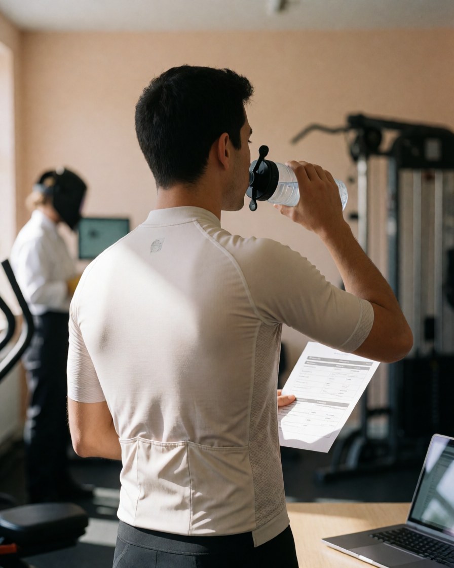 Un cycliste en maillot blanc boit de l'eau tout en consultant un plan de nutrition dans un gymnase équipé de murs beige et d'équipements d'entraînement.