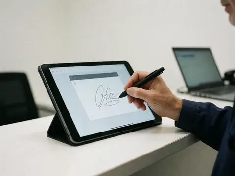Une main effectuant une signature sur l'écran d'une tablette dans un environnement de bureau moderne, illustrant la technologie de signature électronique.