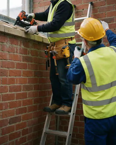 Deux travailleurs casqués et gilets de sécurité installent des planches sur un mur en briques rouges.