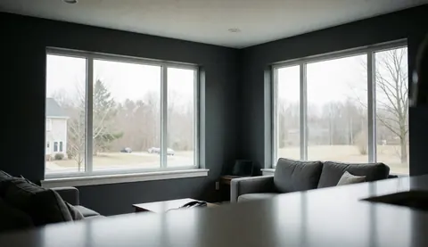 Intérieur de salon moderne aux murs gris avec de grandes fenêtres Low-E laissant entrer la lumière naturelle, espace vide pour texte, idéal pour entreprise d'installation
