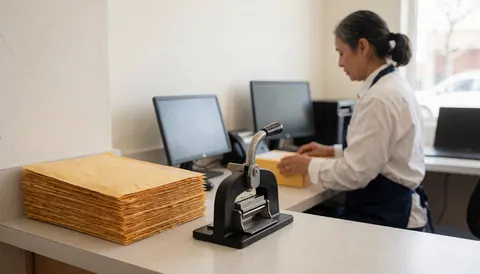Une personne travaille avec un tampon à cacheter et une pile d'enveloppes manila sur un bureau blanc, avec des ordinateurs en arrière-plan.