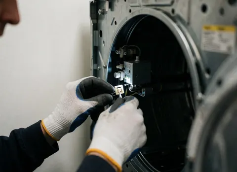 Mains portant des gants de protection manipulant un connecteur électrique à l'intérieur d'un sèche-linge sur fond blanc, détails techniques visibles.