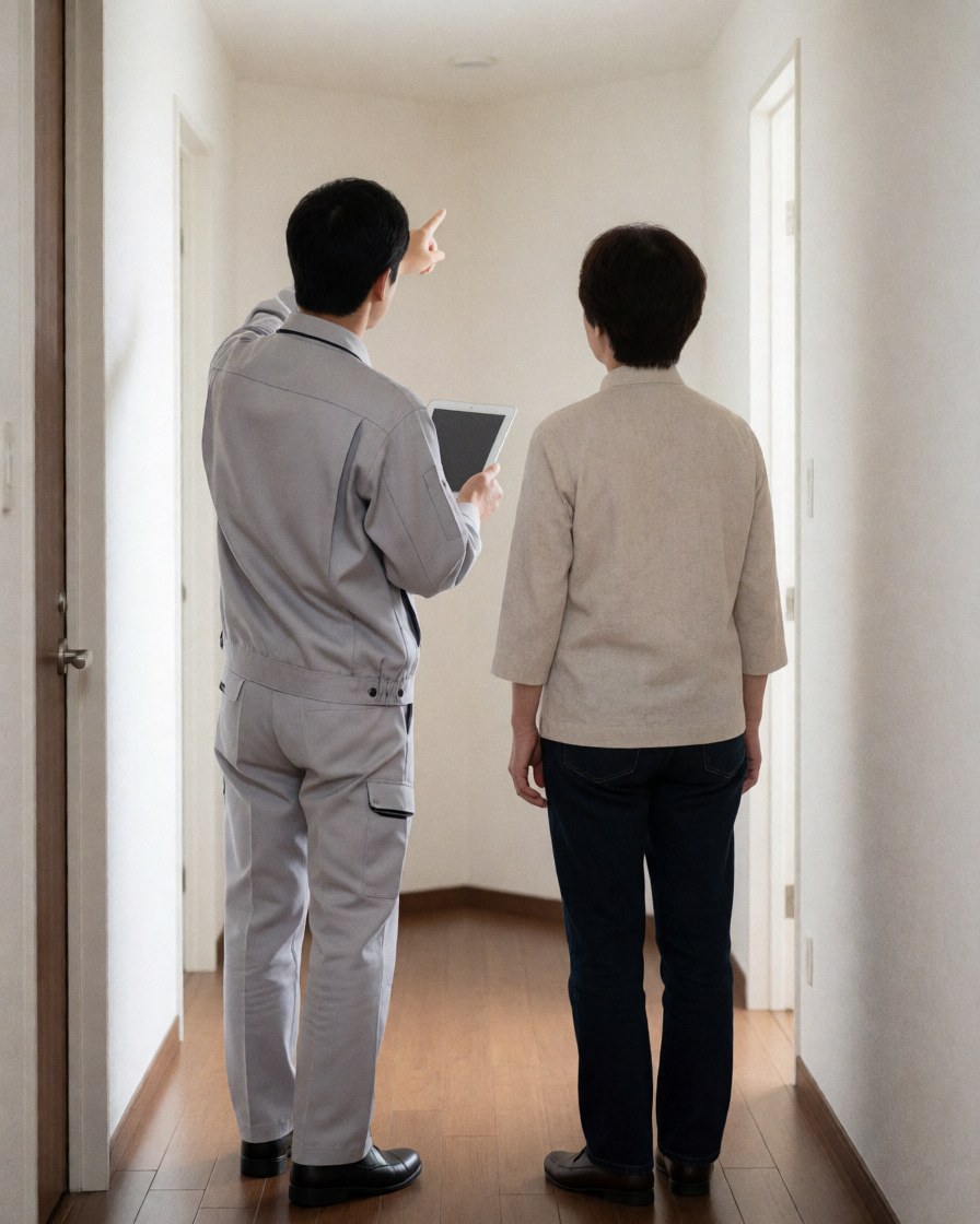 Un technicien en uniforme gris et un client examinent l'installation de caméras dans un couloir avec sol en bois et murs blancs.
