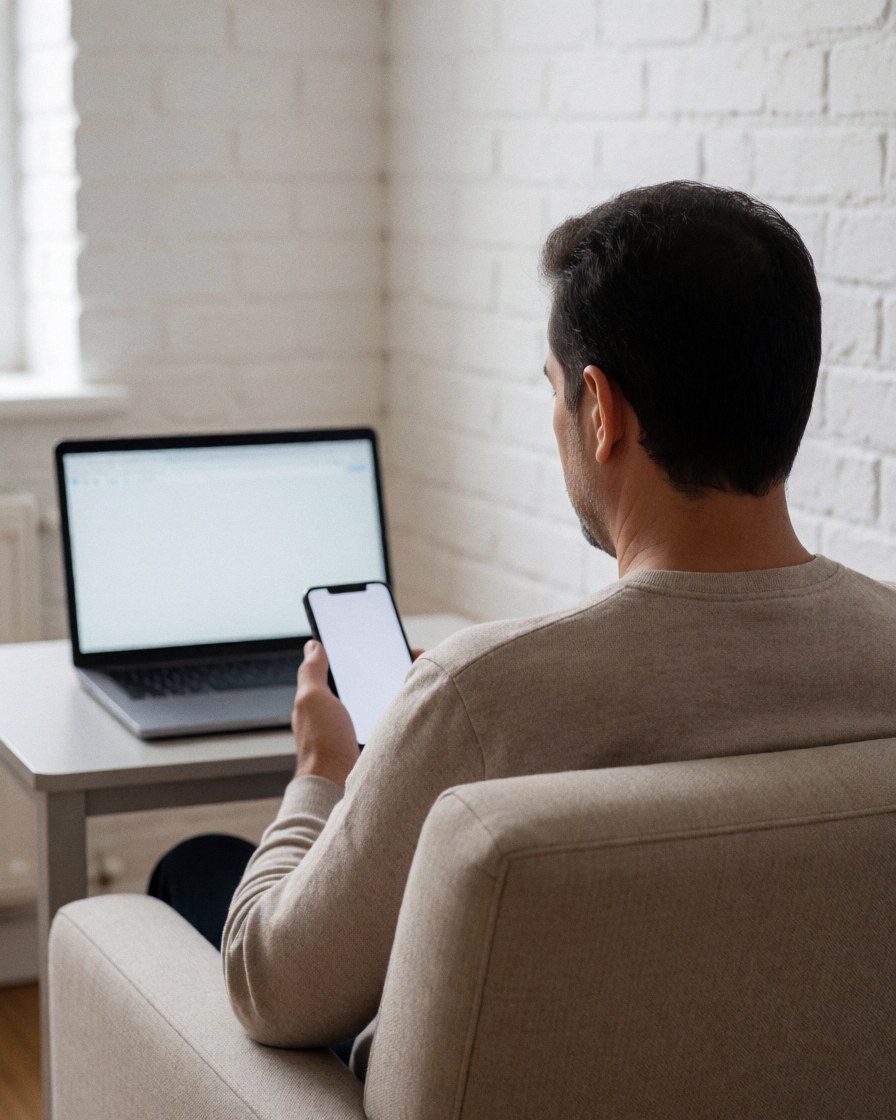 Une personne assise sur une chaise confortable avec un ordinateur portable et un téléphone, devant un mur de briques blanches, dans un cadre lumineux et chaleureux.