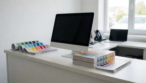 Bureau propre avec des carnets de couleurs vives et un ordinateur, idéal pour des consultations en peinture automobile dans un atelier professionnel.