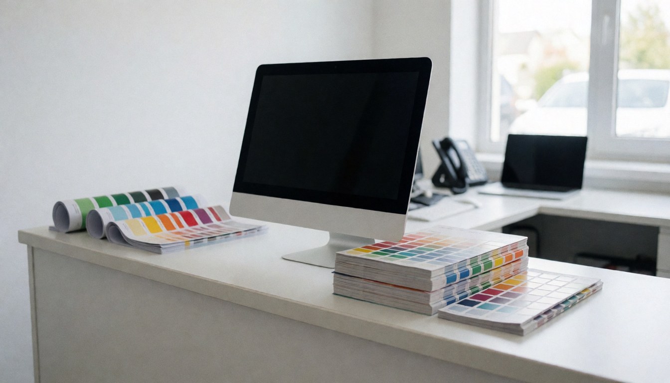 Bureau propre avec des carnets de couleurs vives et un ordinateur, idéal pour des consultations en peinture automobile dans un atelier professionnel.