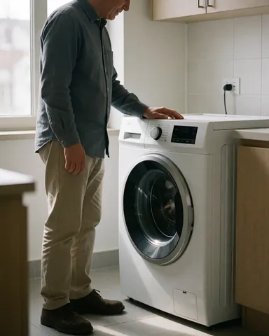 Un homme adulte inspecte une nouvelle machine à laver blanche dans une cuisine aux murs carrelés et à la lumière naturelle, en regardant le panneau de commande.
