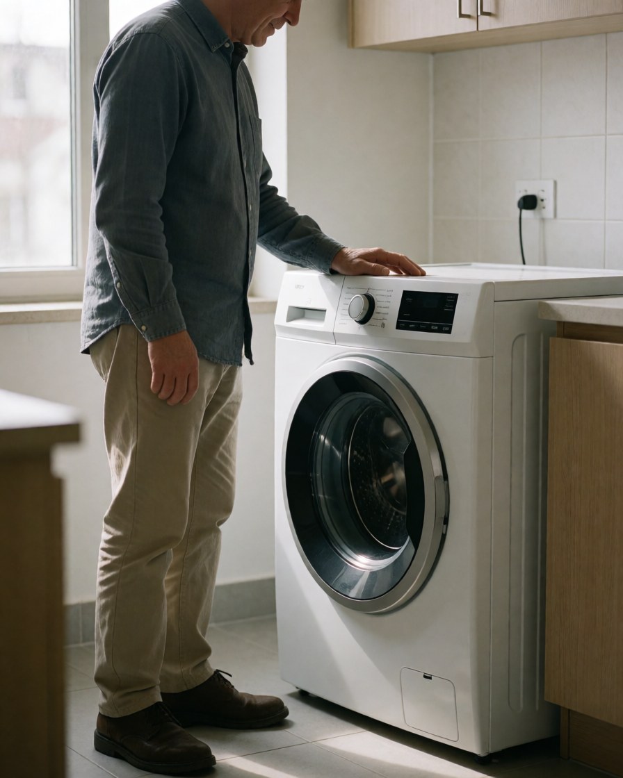 Un homme adulte inspecte une nouvelle machine à laver blanche dans une cuisine aux murs carrelés et à la lumière naturelle, en regardant le panneau de commande.
