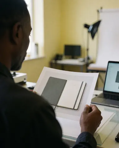 Une cliente vérifie un échantillon imprimé d'un cahier dans un studio avec une laptop et un éclairage professionnel sur un bureau neutre.